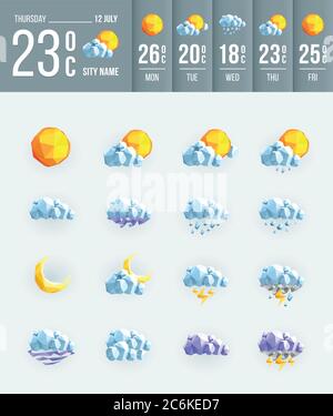 Icone meteo basso poli. Icona del meteo geometric Set per il tuo design. Illustrazione Vettoriale