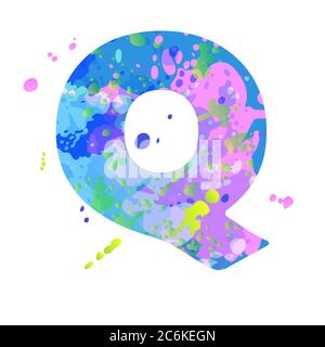Lettera Q in grassetto con effetto di macchie liquide di vernice nei colori blu, verde, rosa Illustrazione Vettoriale