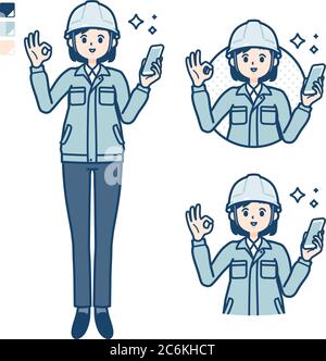 Una donna che indossa un abbigliamento da lavoro con la tenuta di uno smartphone e facendo un OK segno immagini. È arte vettoriale, quindi è facile da modificare. Illustrazione Vettoriale