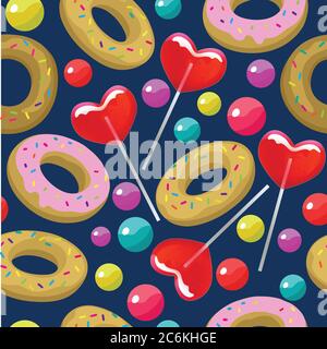 Motivo senza cuciture con palline caramelle e lollipop a forma di cuore colorato vettore luminoso illustrazione. Illustrazione Vettoriale
