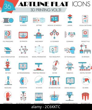 Modellazione vettoriale di stampa 3D ultra moderna contorno artline linee piatte icone per il web e le applicazioni Illustrazione Vettoriale