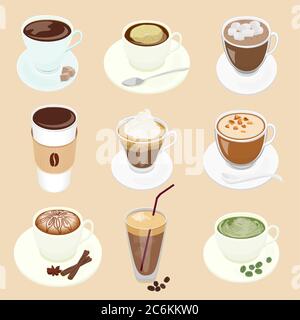 Set di diverse tazze Vector Coffee e molti tipi di caffè per il menu del ristorante cafe' Illustrazione Vettoriale