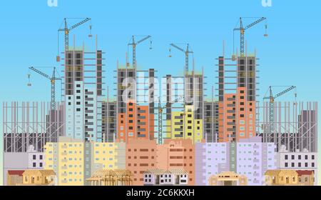 Sito web costruzione città in costruzione con gru a torre. Progettazione di modelli infografici di costruzioni Illustrazione Vettoriale