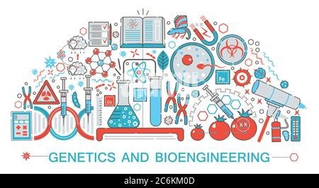 Modern Flat Thin Line progettazione biologia, genetica e tecnologia bioingegneristica concetto di scienza per banner web sito web, presentazione, volantino e poster Illustrazione Vettoriale