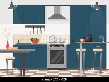 Interni moderni con mobili e utensili da cucina. Cartone animato realistico piano di progettazione della cucina Illustrazione Vettoriale