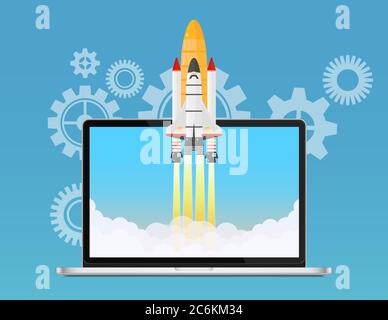 Concetto di avvio e sviluppo Web. Lancio della navetta spaziale con lancio in volo dal computer portatile. L'idea creativa di inizio di affari Illustrazione Vettoriale