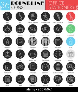 Set di icone Vector Office cancellery circolare bianco nero. Design moderno a icone nere per il web Illustrazione Vettoriale