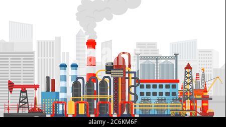 Stabilimento di produzione sullo sfondo della città. Paesaggio industriale. Industria del gas petrolifero Illustrazione Vettoriale