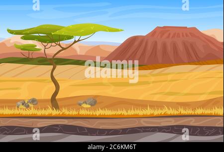 Senza cuciture cartoni animati panorama africano savanna paesaggio con alberi, montagne, erba gialla e sabbia Illustrazione Vettoriale