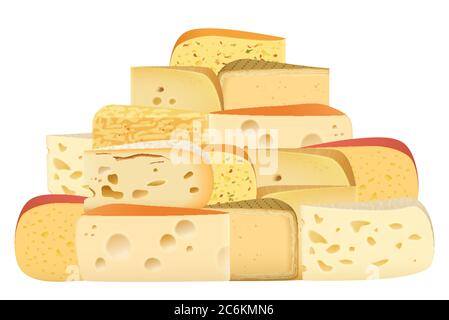 Insieme, vengono allestita una serie di diversi tipi di formaggio. Parmigiano Reggiano swiss emmentaler collezione cheddar gouda Illustrazione Vettoriale