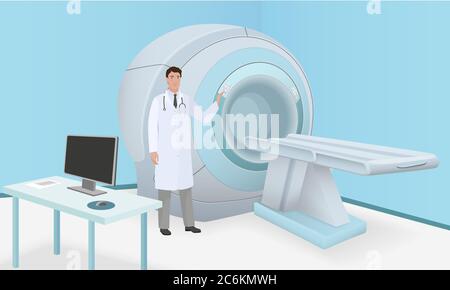 Il medico invita il paziente alla scansione cerebrale corporea della macchina RM. Scansione MRI e processo di diagnostica nella sala procedure. Vettore realistico Illustrazione Vettoriale