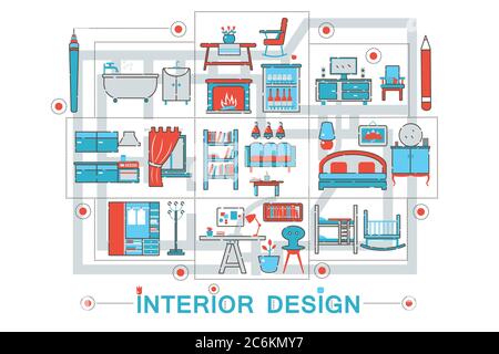 Moderno Flat Thin Line Interior art design concetto per banner web sito web, presentazione, volantino e poster Illustrazione Vettoriale