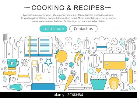 Vettore elegante linea sottile piano moderno cucina e cucina concetto di ricette. Layout degli elementi del banner dell'intestazione del sito Web. Presentazione, volantino e poster Illustrazione Vettoriale