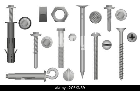 Bulloneria per edilizia bulloni di fissaggio, viti, dadi e rivetti. Illustrazione vettoriale degli elementi metallici degli ingranaggi di fissaggio Illustrazione Vettoriale