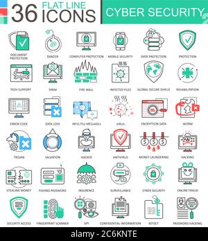 Vector Cyber Security icone moderne a linee piatte per applicazioni e web design Illustrazione Vettoriale