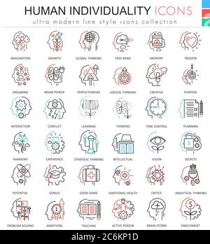 Vector personalità umana e mentalità icone di linee di contorno a colori ultramoderne per applicazioni e web design Illustrazione Vettoriale