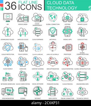 Tecnologia dati Vector Cloud icone di linee di contorno a colori ultramoderne per applicazioni e web design Illustrazione Vettoriale