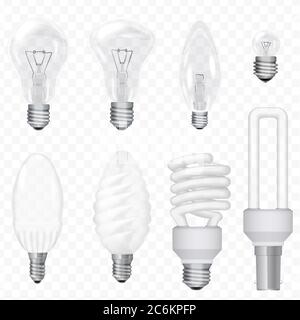 Lampade vettoriali realistiche a risparmio energetico isolate sullo sfondo transperant. Set di lampadine Illustrazione Vettoriale