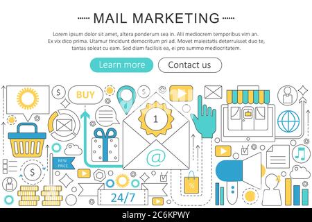 Vettore elegante linea sottile piano moderno concetto di Mail marketing. Layout degli elementi del banner dell'intestazione del sito Web. Presentazione, volantino e poster Illustrazione Vettoriale