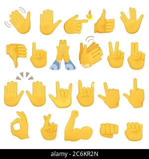 Set di icone e simboli per le mani. Icone delle mani emoji. Gesti, mani, segnali e segni diversi, illustrazione vettoriale Illustrazione Vettoriale