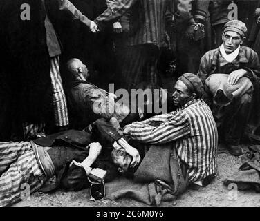 1945 , 5 giugno, GERMANIA: La concentrazione nazista tedesca di Wöbbelin ( Woebbelin ), 144 km a nord-ovest da Berlino. Foto con i prigionieri malati e affamati trovati nel campo dalle truppe di liberazione alleate . Soldati di una Divisione aerea degli Stati Uniti, la Nona Armata degli Stati Uniti e la seconda Armata Britannica entrarono nel campo , questa foto è stata scattata da un fotografo ufficiale con le truppe statunitensi dal CORPO DI SEGNALE . Trovarono centinaia di prigionieri morti in uno degli edifici, mentre all'esterno, in un cortile, centinaia di altri furono rinvenuti frettolosamente sepolti in enormi fosse. Una tomba di massa conteneva 300 cadaveri emaciati e sfigurati. Th Foto Stock