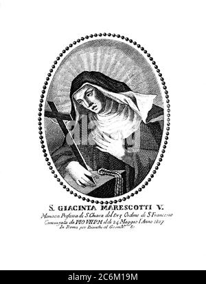 1640 , ITALIA : il Babbo Suor GIACINTA Clarice MARESCOTTI ( 1585 - 1640 ), del Suore di Clausura Clarisse del terzo Ordine di San Francesco d'Assisi ( Francescani ). Incisione, stampata a Roma (Italia) 1807 , quando fu proclamato santo dal Papa Pio VII . Figlia del conte Marcantonio Marescotti e Ottavia Orsini Contessa di Vignanello (il cui padre aveva costruito il celebre Parco dei Mostri di Bomarzo), studia, insieme alle due sorelle Ginevra e Ortensia, nel Convento di San Bernardino a Viterbo . - SANTA - RELIGIONE CATTOLICA - RELIGIONE CATTOLICA - Ordine Francescano Foto Stock