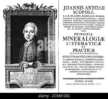 1770 ca , ITALIA : Ritratto dello scienziato e naturalista GIOVANNI ANTONIO SCOPOLI ( 1723 - 1788 ). Ritratto inciso di Jan Kleinhardt ( 1742 - 1794 ), pagina iniziale del libro PRINCIPIA MINERALOGIAE SYSTEMATICAE ET PRATICAE ( Praga , 1772 ) . - Joannes Antonius Scopoli - foto storiche - STORIA - scientifico - ritratto - ritratto - ITALIA - wig - parruca - DOTTORE - MEDICO - MEDICINA - NATURALISTA - NATURALISMO - libro --- Archivio GBB