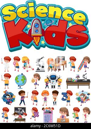 Logo Science Kids e set di bambini con oggetti didattici illustrazione isolata Illustrazione Vettoriale