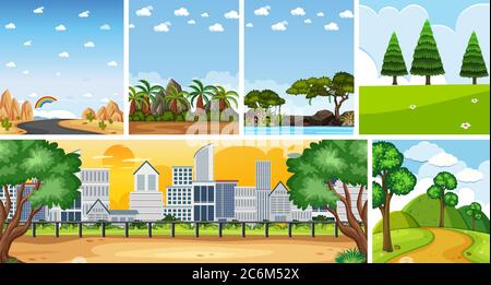 Insieme di diversi luoghi di natura scena in verticale e orizzonte scene a illustrazione diurna Illustrazione Vettoriale