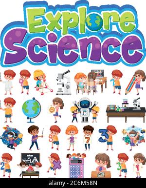 Esplora il logo della scienza e il set di bambini con oggetti didattici illustrazione isolata Illustrazione Vettoriale
