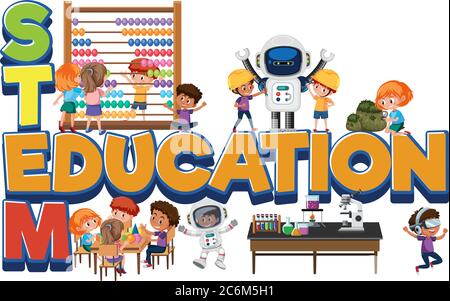 Logo di istruzione STEM con i bambini in molte attività di istruzione illustrazione isolata Illustrazione Vettoriale