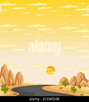 Paesaggio naturale verticale o paesaggio con strada centrale in vista deserto e giallo tramonto cielo vista illustrazione Illustrazione Vettoriale