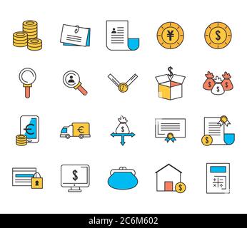 Riga e riempire insieme di icone di commercio di affari di denaro finanziario bancario e di mercato tema illustrazione vettoriale Illustrazione Vettoriale