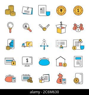 Riga e riempire insieme di icone di commercio di affari di denaro finanziario bancario e di mercato tema illustrazione vettoriale Illustrazione Vettoriale