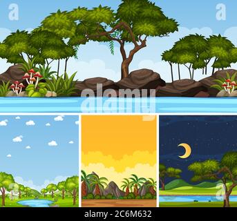 Quattro sfondo diverse scene natura con alberi verdi in diversi tempi illustrazione Illustrazione Vettoriale