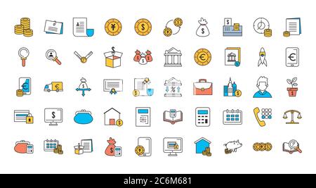 Riga e riempire insieme di icone di commercio di affari di denaro finanziario bancario e di mercato tema illustrazione vettoriale Illustrazione Vettoriale