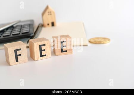 Parola di imposta su cubo di legno con oggetti come moneta d'oro, calcolatrice e mini casa modello behide bianco fondo pulito. Business prestito finanziario proprietà conc Foto Stock