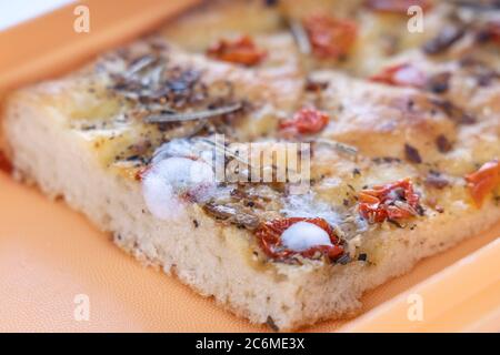 Primo piano di muffa sviluppare su focaccia scaduto pane in contenitore Foto Stock