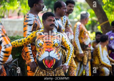 Pulikkali tiger o esecutori di danza dalle strade di thrissur ,kerala,l'india durante la celebrazione onam Foto Stock