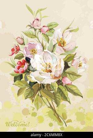 Biglietto d'auguri floreale o modello per il design con fiori rosa e bianchi di alberi di mela Illustrazione Vettoriale