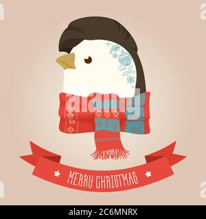 Natale carino logo della testa dei pinguini della foresta. Vettore moderno hipster pinguino animale di moda in abiti Illustrazione Vettoriale