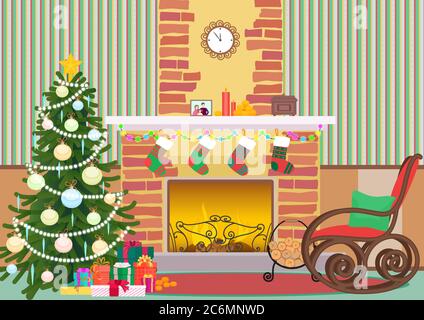 Natale livingroom piatto interno illustrazione vettoriale. Albero di Natale e camino con calze. Motivo di Natale Illustrazione Vettoriale