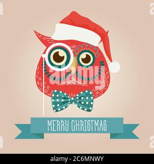 Natale carino foresta owl uccello testa logo. Vettore moderno animale di gufo alla moda in abiti Illustrazione Vettoriale