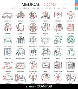 Vector Medical medicine colore linee piatte icone di contorno per applicazioni e web design. Icone di assistenza sanitaria medica Illustrazione Vettoriale