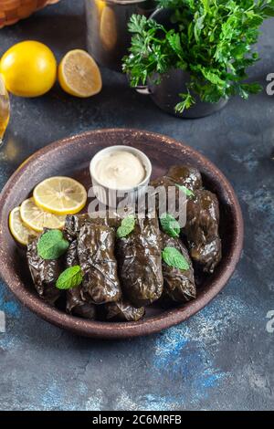 Dolma - foglie di uva farcite con riso e carne. Piatti tradizionali caucasici, ottomani, turchi e greci Foto Stock