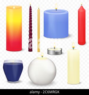 Set di diverse candele di natale 3d realistiche isolate sullo sfondo alfa transperant. Candela fiamma fuoco Illustrazione Vettoriale