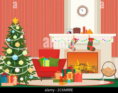 Natale livingroom piatto interno illustrazione vettoriale. Albero di Natale di Capodanno, poltrona rossa e camino con calze. Muro di Natale rosso modello Illustrazione Vettoriale