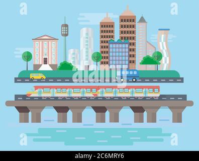 Vector Urban moderna città paesaggio piatto concetto illustrazione. Metropolitana, auto, edifici e grattacieli. Paesaggio urbano Illustrazione Vettoriale