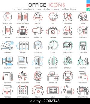 Icone di contorno delle linee di colore di Vector Office per applicazioni e web design.icone degli strumenti di Office Elements Illustrazione Vettoriale