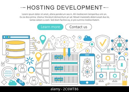 Vector linea moderna flat design concetto di sviluppo Hosting. Hosting icone di sviluppo intestazione sito Web, banner poster di progettazione app Illustrazione Vettoriale